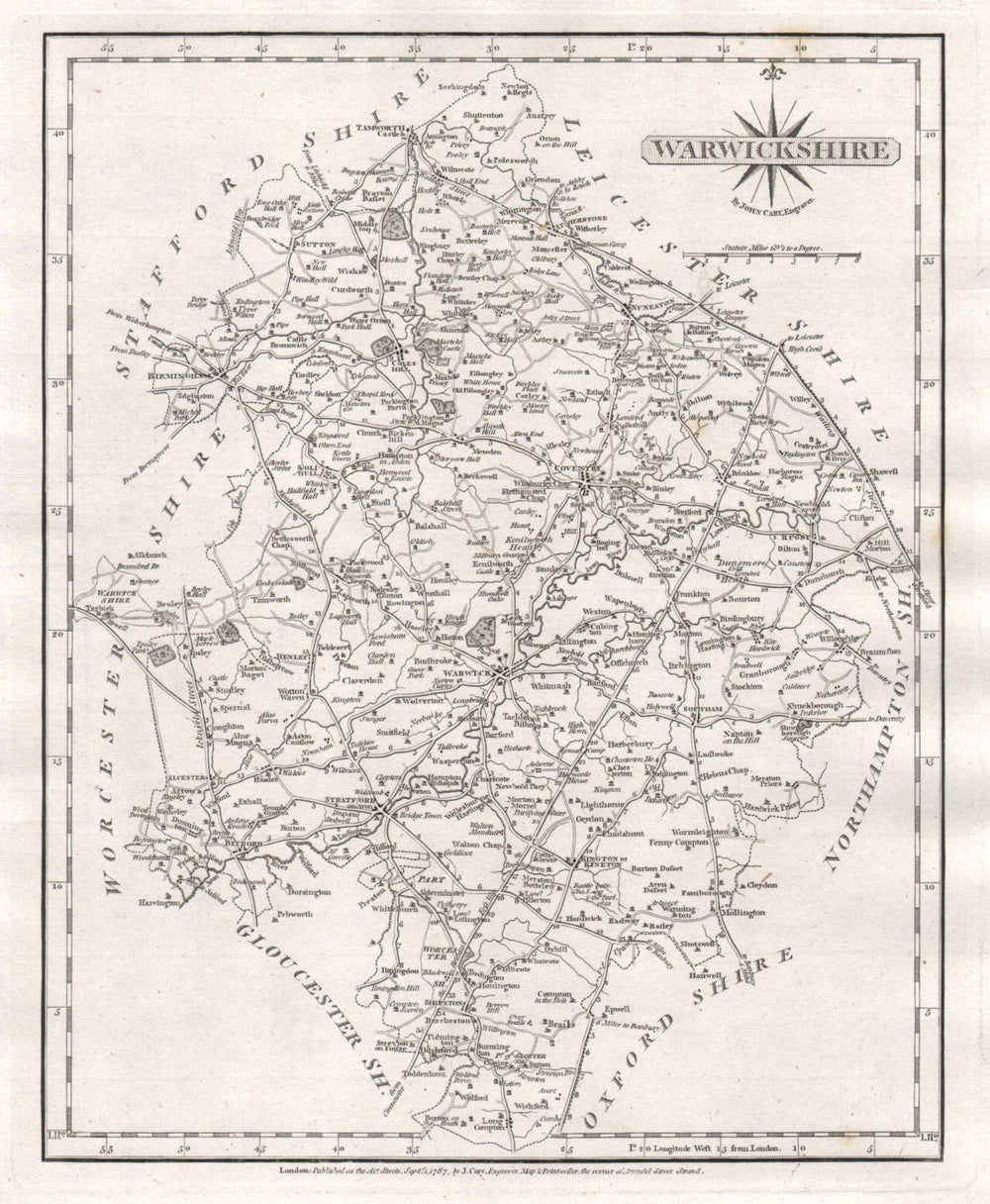 Antique county map of WARWICKSHIRE by JOHN CARY 1787 old chart