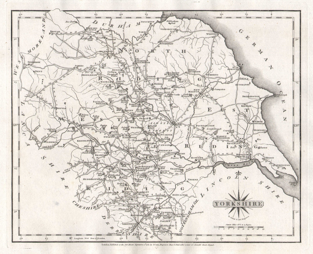Antique county map of YORKSHIRE by JOHN CARY 1787 old plan chart