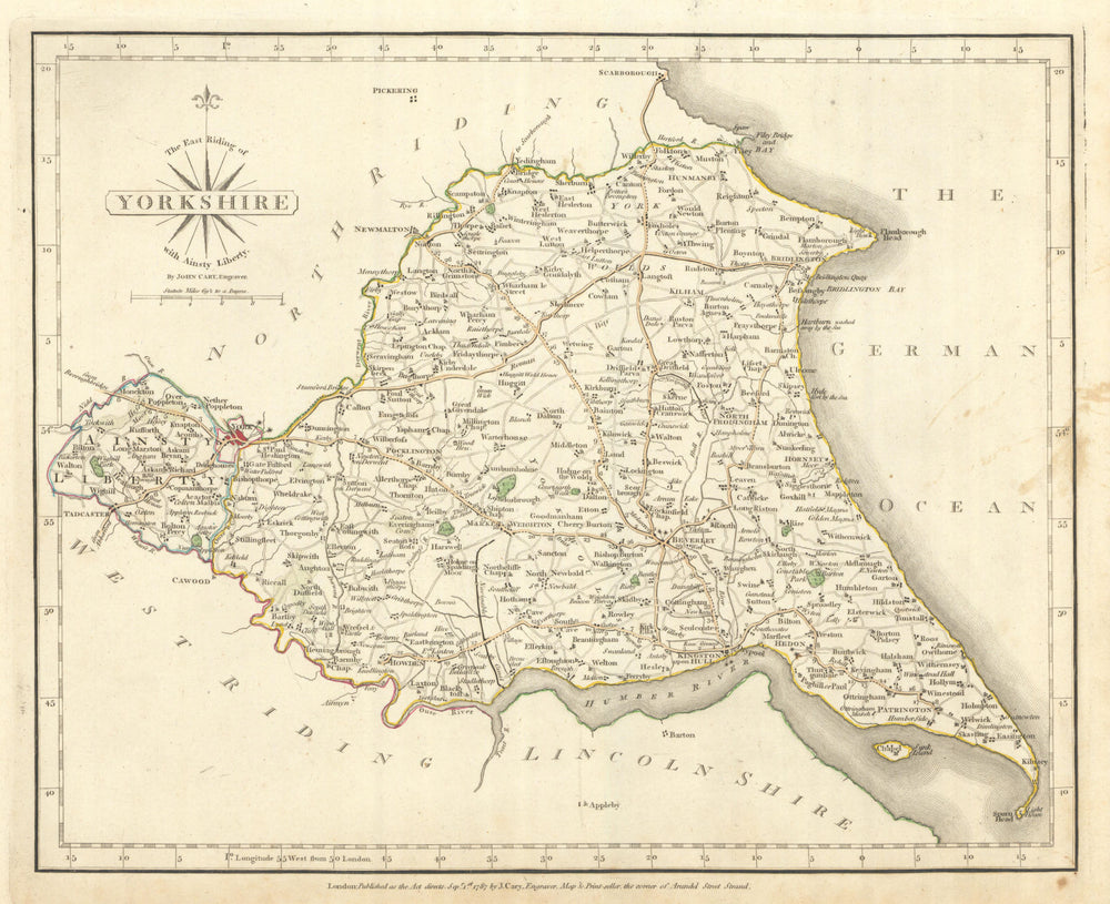 YORKSHIRE EAST RIDING & Ainsty Liberty antique map. JOHN CARY. Coloured 1793