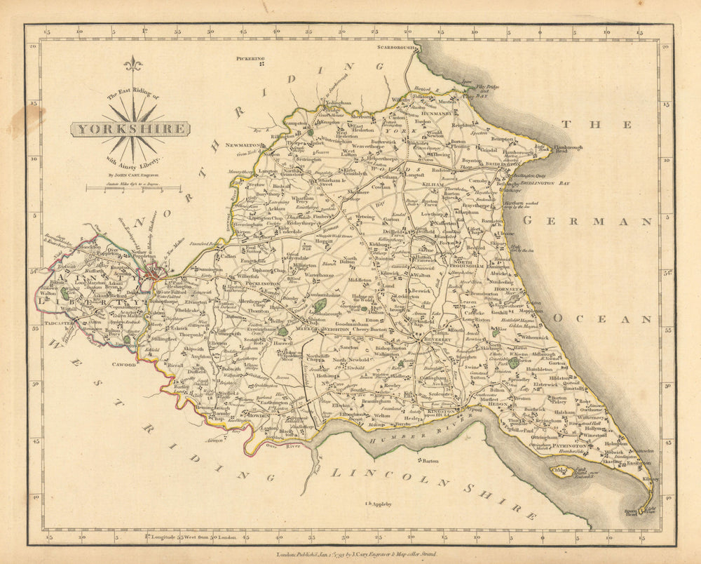 YORKSHIRE EAST RIDING & Ainsty Liberty antique map. JOHN CARY. Coloured 1793