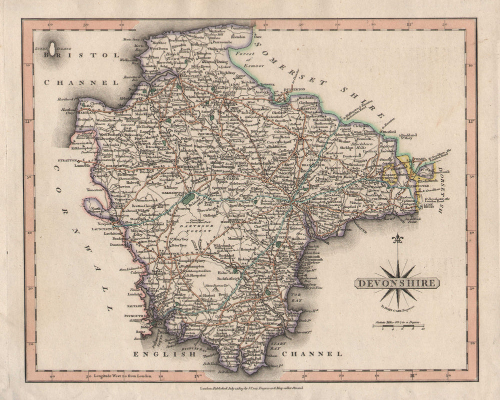 Antique county map of DEVONSHIRE by JOHN CARY with original colour 1809