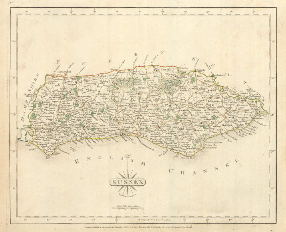 Antique county map of SUSSEX by JOHN CARY with original colour 1793 old
