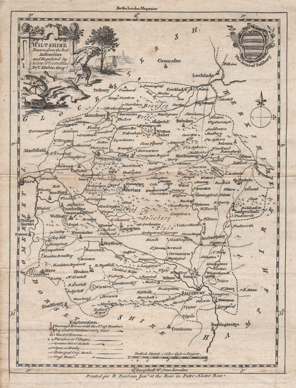 "Wiltshire, drawn from the best authorities…". Antique county map. KITCHIN c1752
