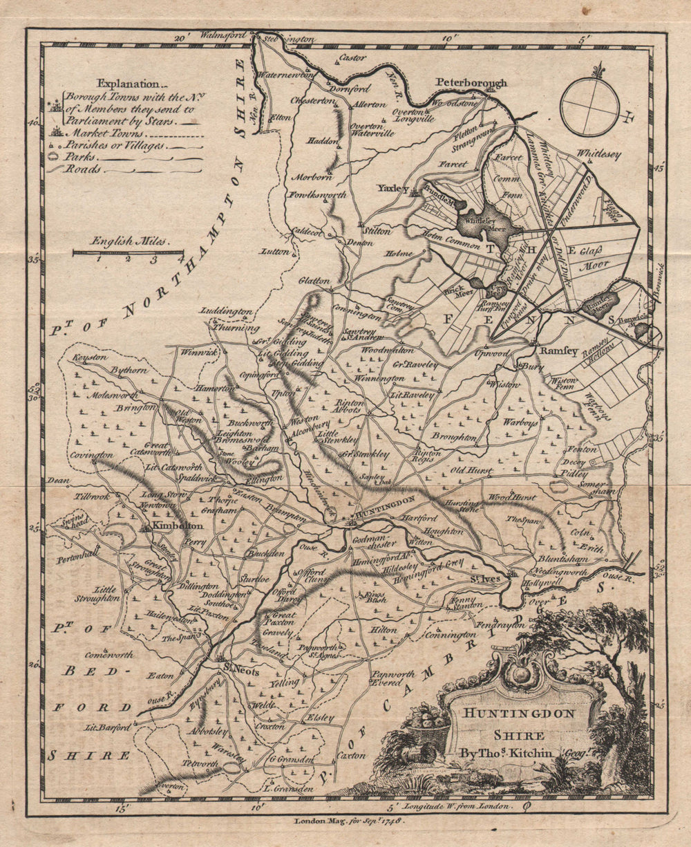 Antique county map of Huntingdonshire by Thomas KITCHIN 1748 old