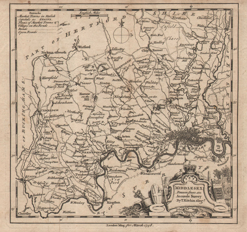 Antique county map of "Middlesex drawn from an accurate survey". KITCHIN 1748
