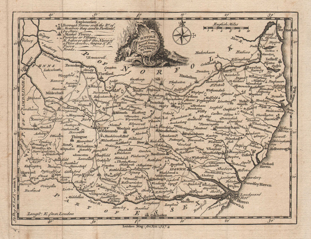 County map of "Suffolk, drawn from an actual survey…". KITCHIN 1748 old