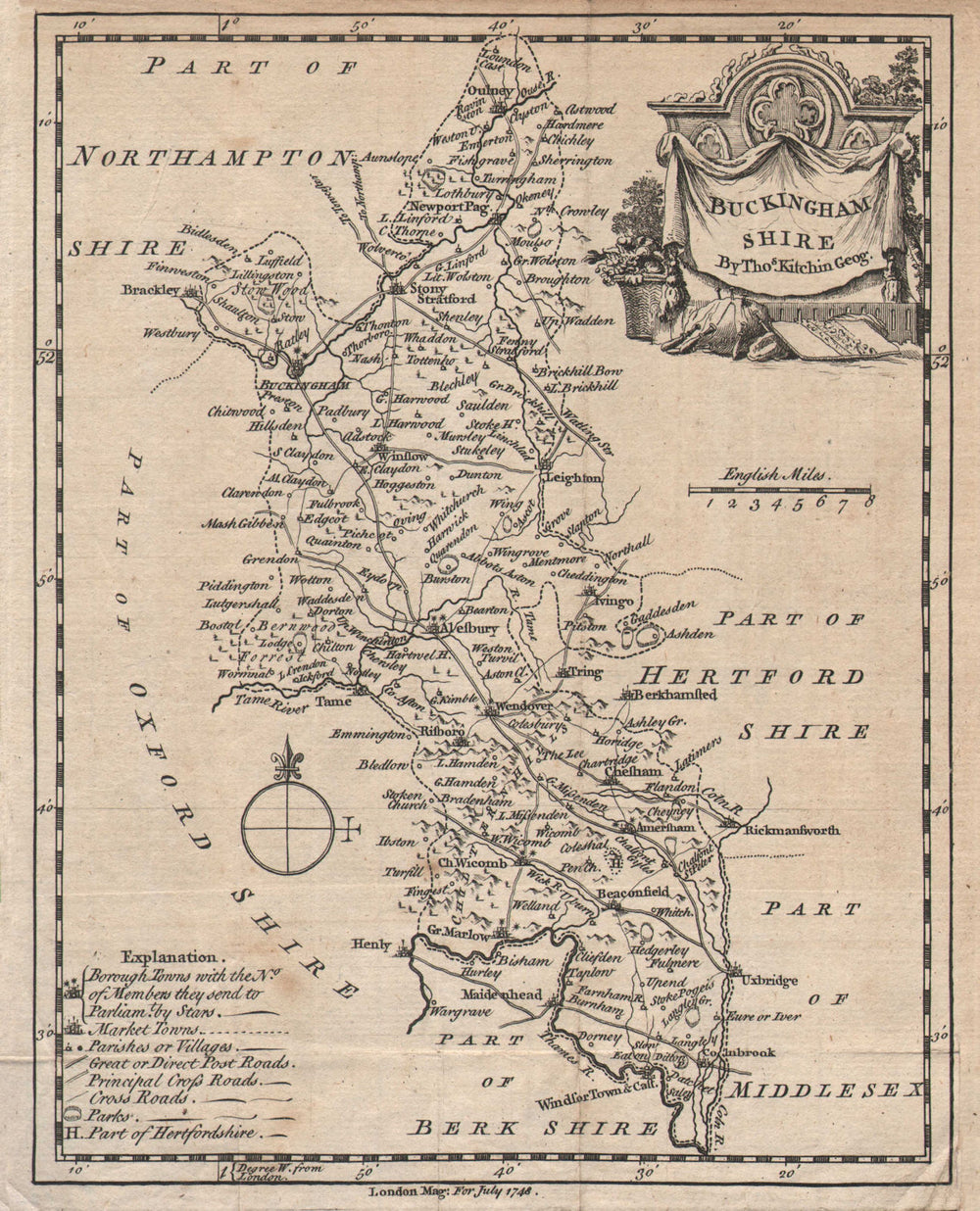 Antique couty maps of Buckinghamshire by Thomas KITCHIN 1748 old