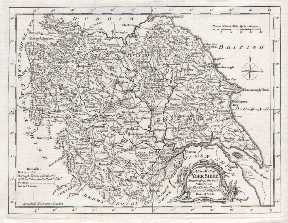 "A new map of Yorkshire drawn from the best authorities" County map KITCHIN 1764