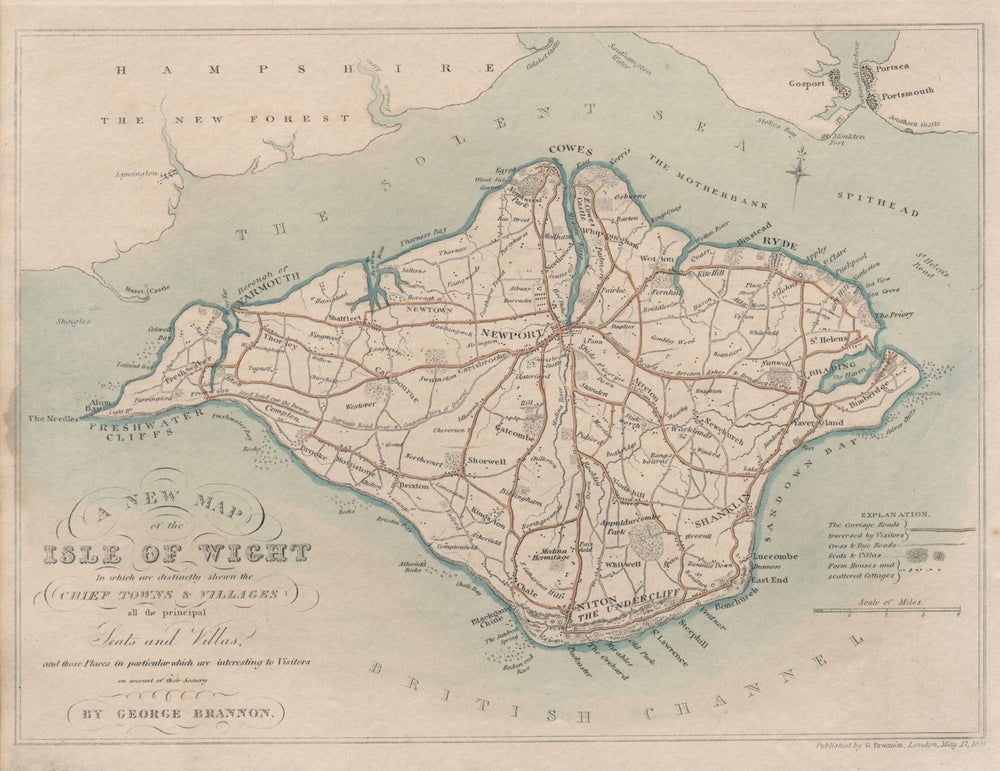 "A new map of the Isle of Wight". Antique map by George BRANNON 1824 old