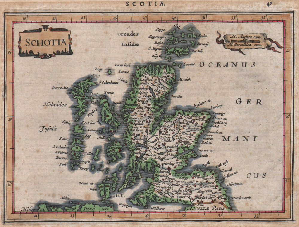 "Schotia" / "Scotia". Scotland by MERCATOR / JANSSON c1628 old antique map