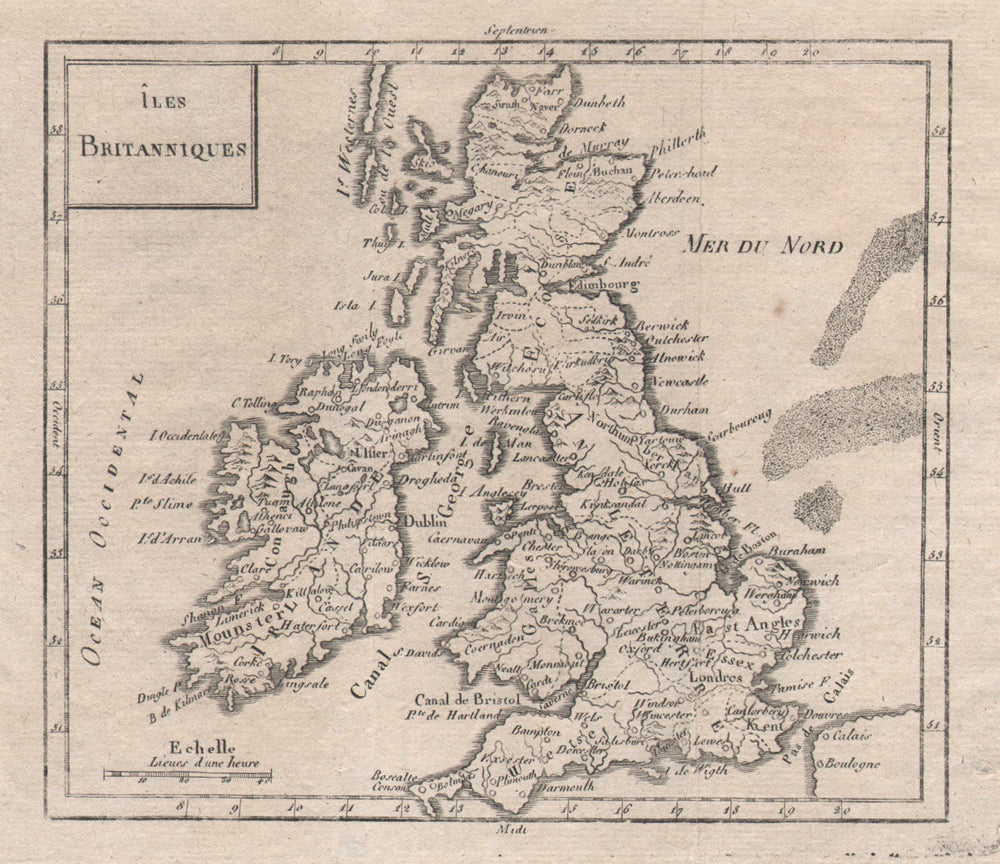 "Îles Britanniques". Antique map of the British Isles c1795 old
