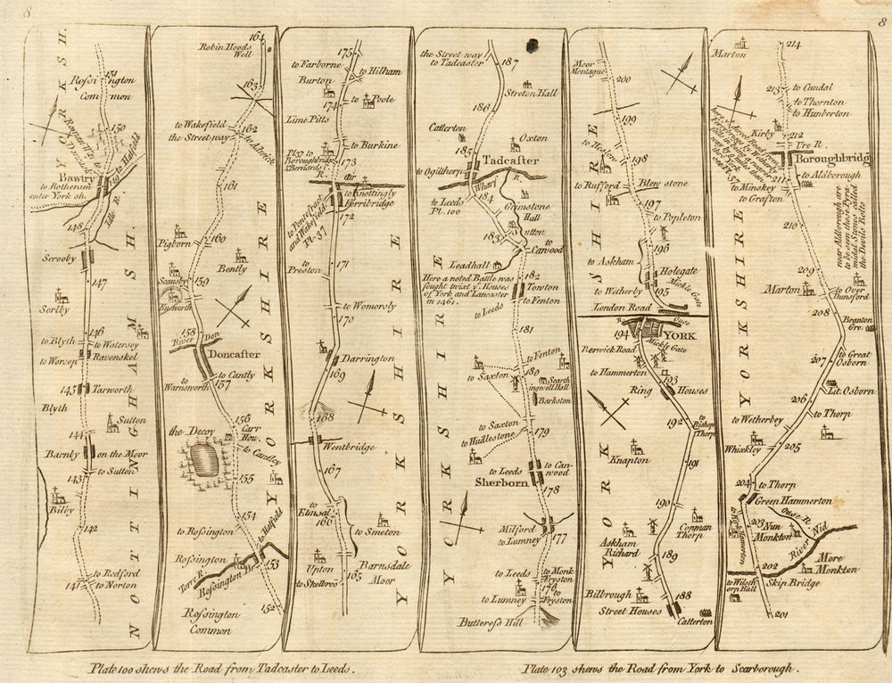 Doncaster Ferrybridge Tadcaster York Boroughbridge. KITCHIN road map 1767