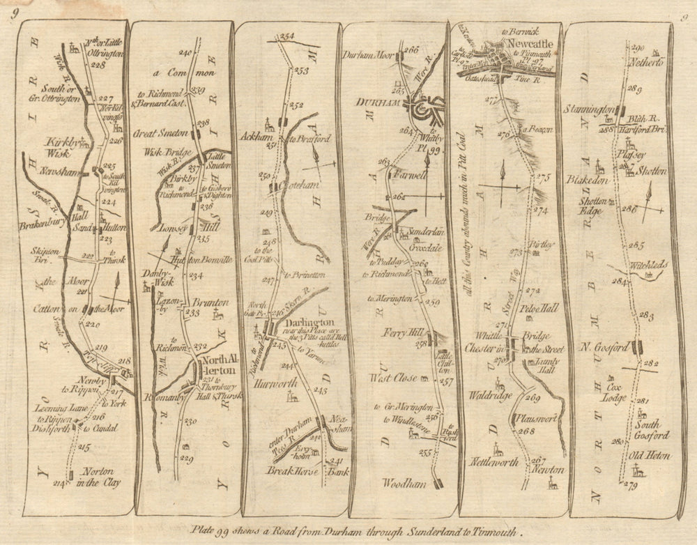 Northallerton Darlington Durham Newcastle upon Tyne. KITCHIN road map 1767