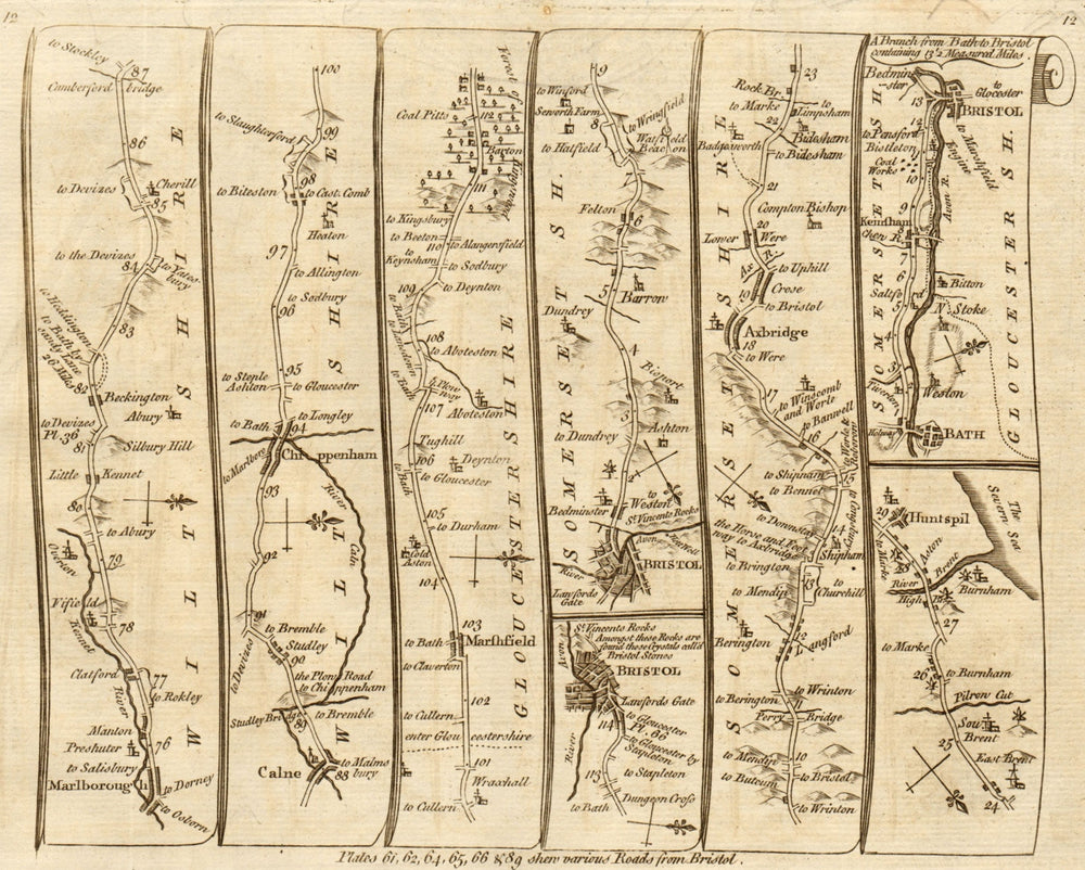 Marlborough Calne Chippenham Bristol Axbridge Bath. KITCHIN road map 1767