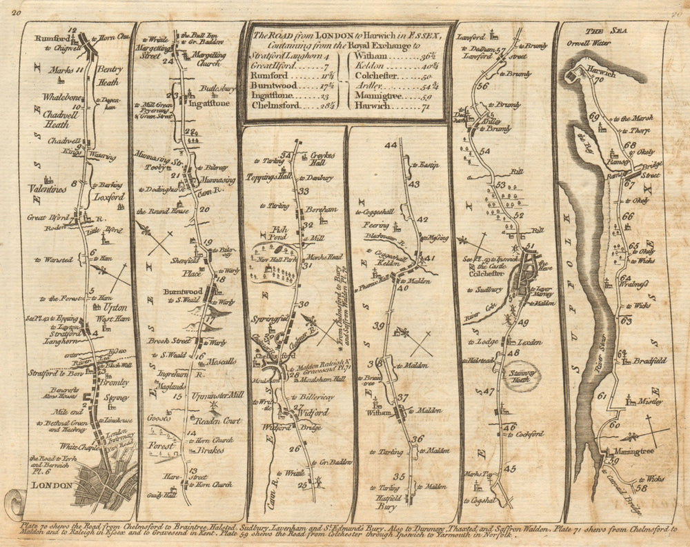 London Stratford Romford Chelmsford Colchester Harwich. KITCHIN road map 1767