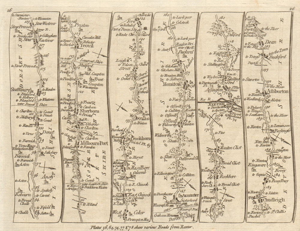 Shaftesbury Yeovil Crewkerne Honiton Exeter Ashburton. KITCHIN road map 1767