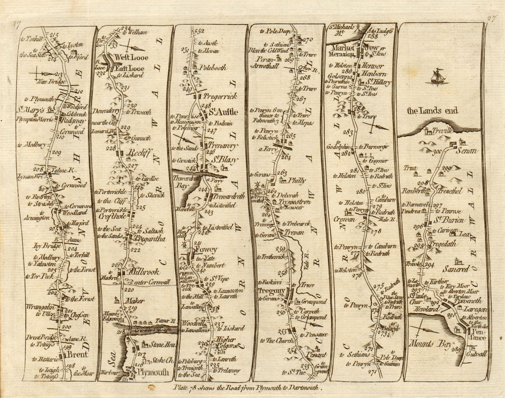 Plymouth Looe Fowey St Austell Penzance Land's End. KITCHIN road map 1767