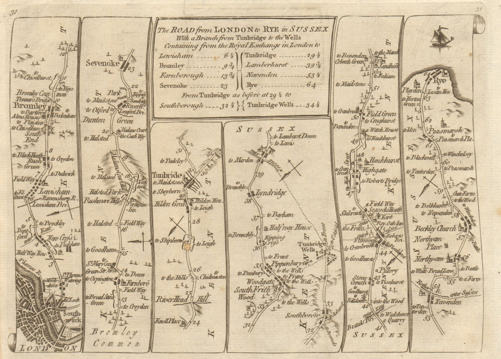 London Lewisham Bromley Sevenoaks Tunbridge Wells Rye. KITCHIN road map 1767