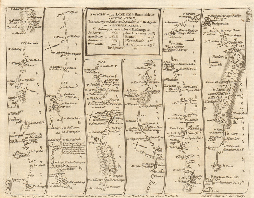 Andover Amesbury Stonehenge Warminster Bruton Bridgwater. KITCHIN road map 1767