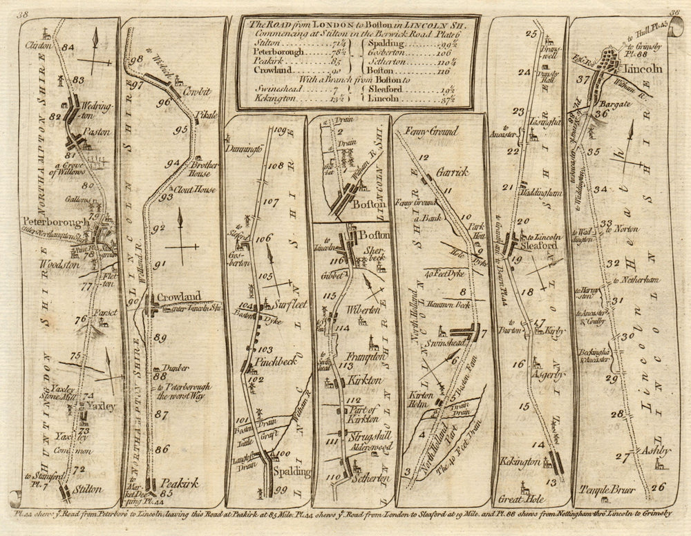 Yaxley Peterborough Spalding Boston Sleaford Lincoln. KITCHIN road map 1767