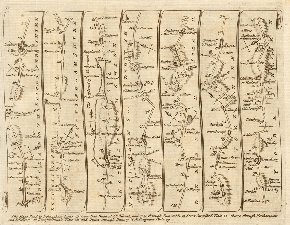 Oakham Nottingham Mansfield Rotherham Barnsley. KITCHIN road map 1767 old