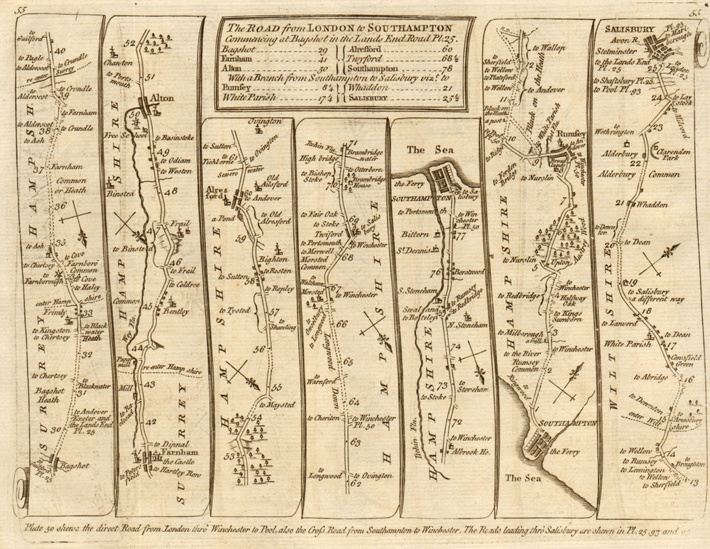 Bagshot Farnham Twyford Southampton Romsey Salisbury. KITCHIN road map 1767
