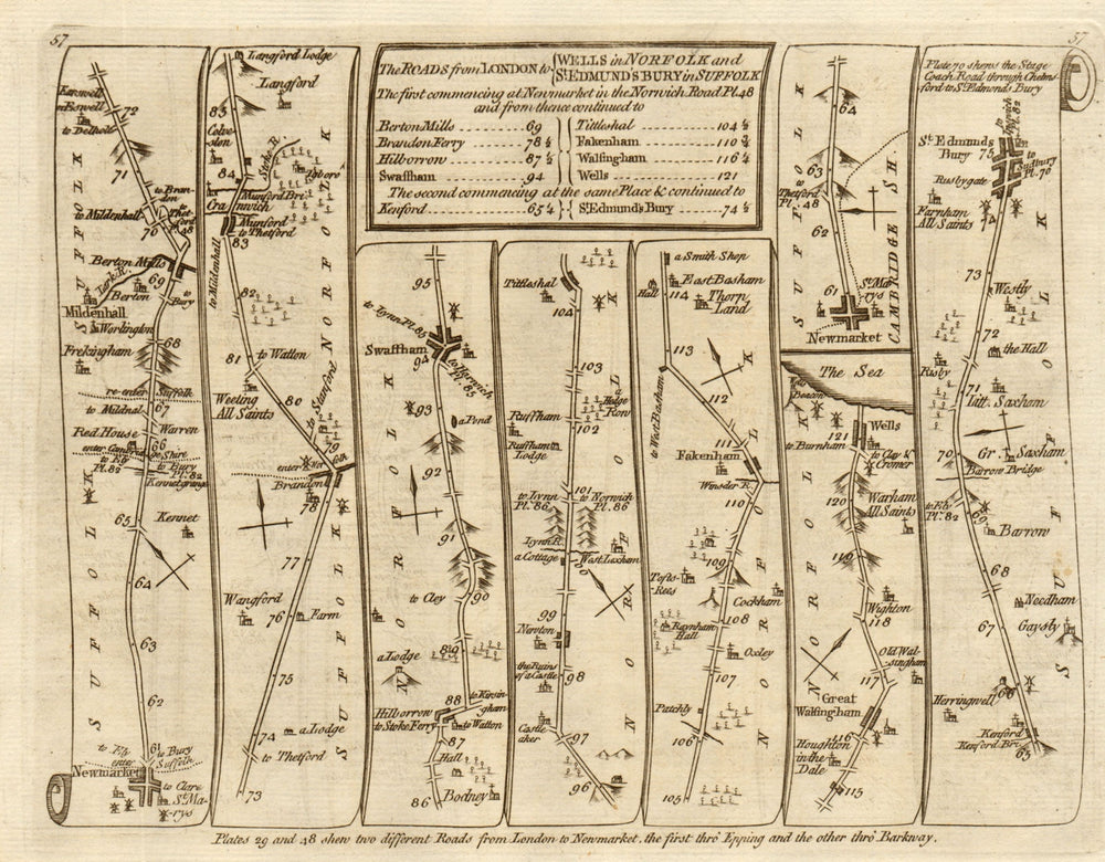 Newmarket Mildenhall Swaffham Bury St Edmunds. KITCHIN road map 1767 old