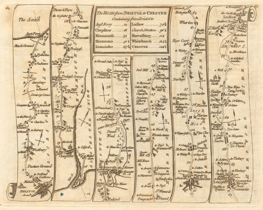 Bristol Chepstow Monmouth Hereford Leominster Ludlow. KITCHIN road map 1767