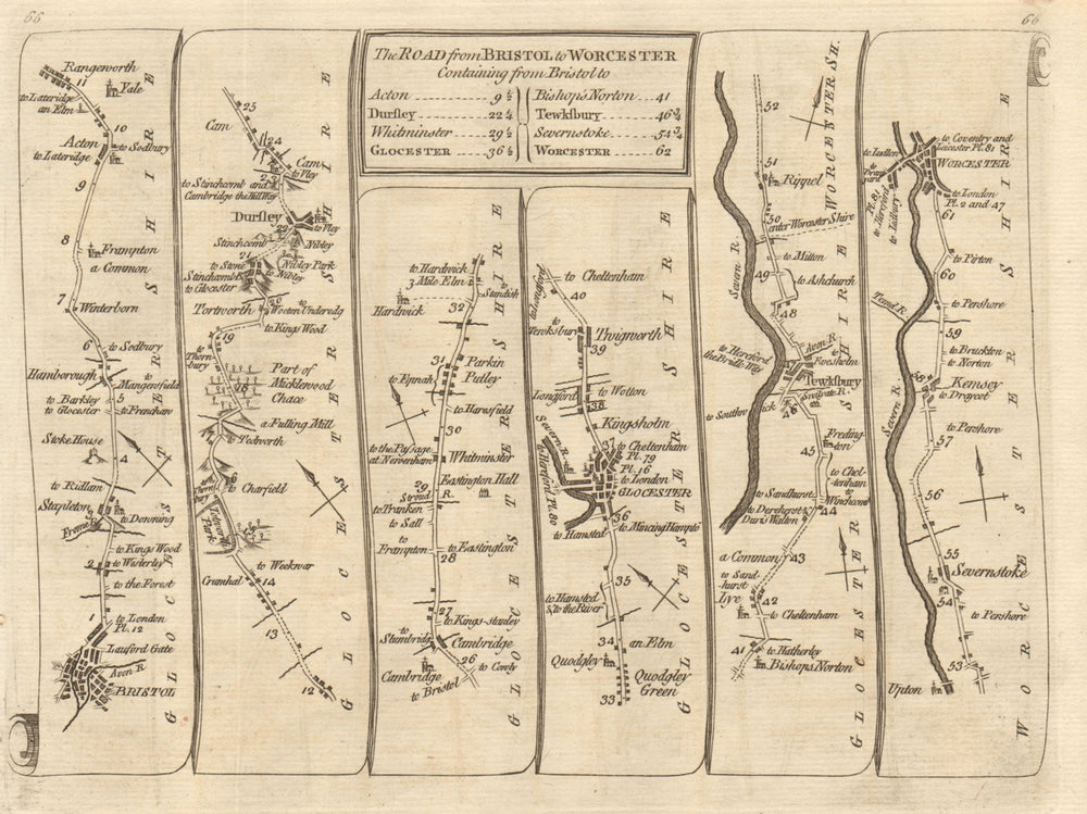 Bristol Dursley Gloucester Tewkesbury Kempsey Worcester. KITCHIN road map 1767