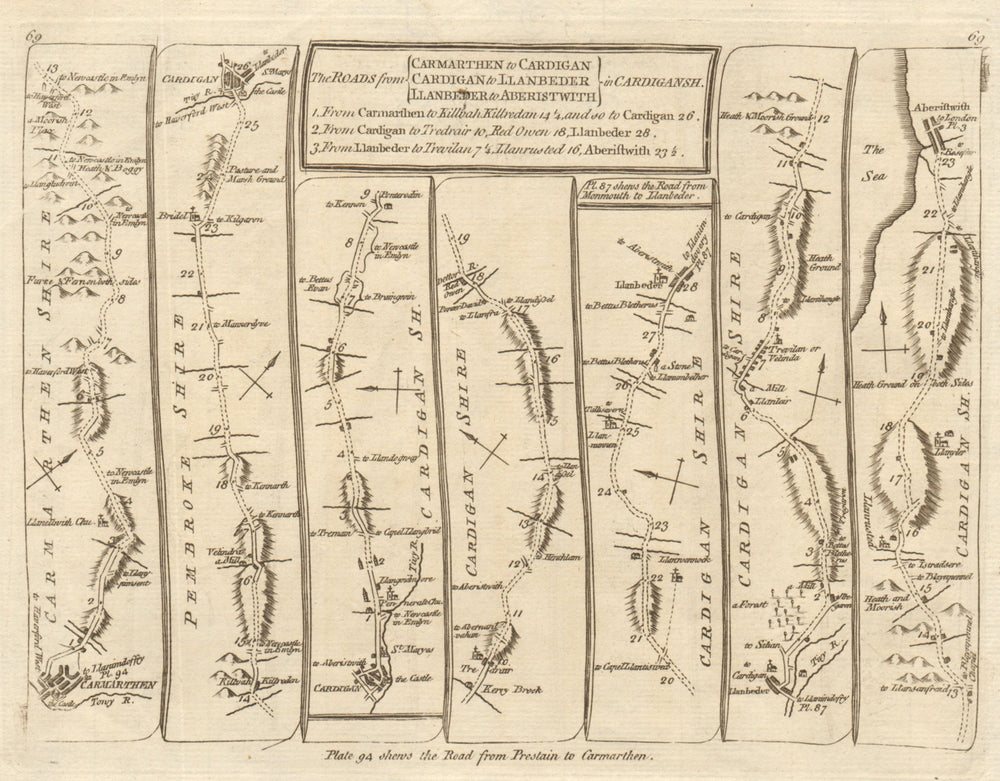 Carmarthen Cardigan Llanhennock Llanbedr Aberystwyth. KITCHIN road map 1767