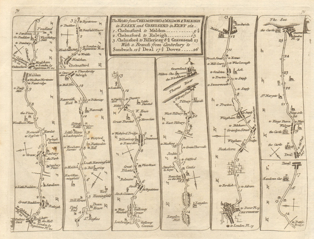 Chelmsford Billericay Gravesend Canterbury Sandwich Dover KITCHIN road map 1767
