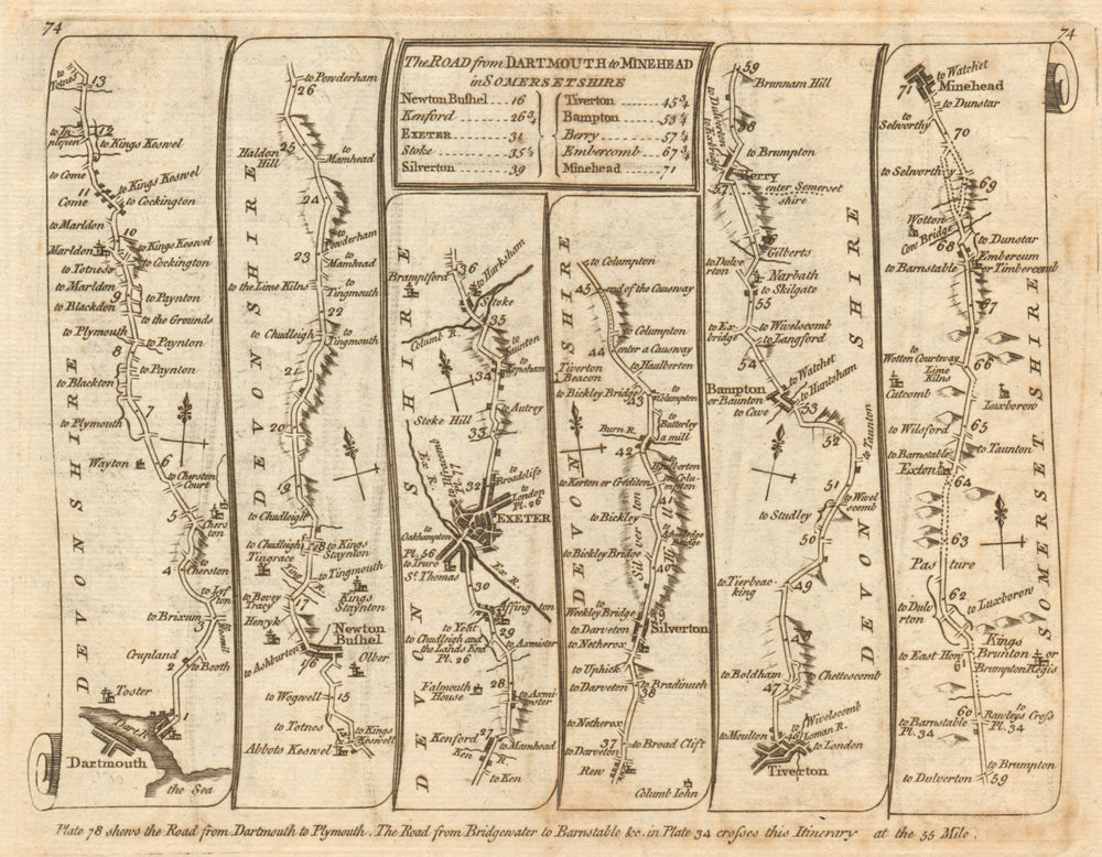 Dartmouth Newton Abbot Exeter Tiverton Minehead. KITCHIN road map 1767 old
