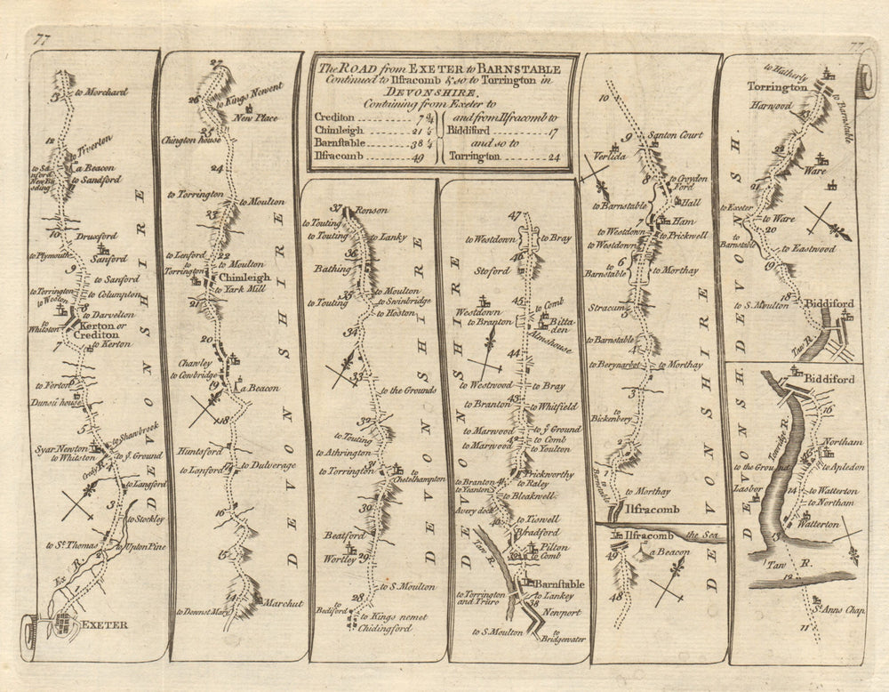 Exeter Crediton Ilfracombe Bideford Torrington. KITCHIN road map 1767 old