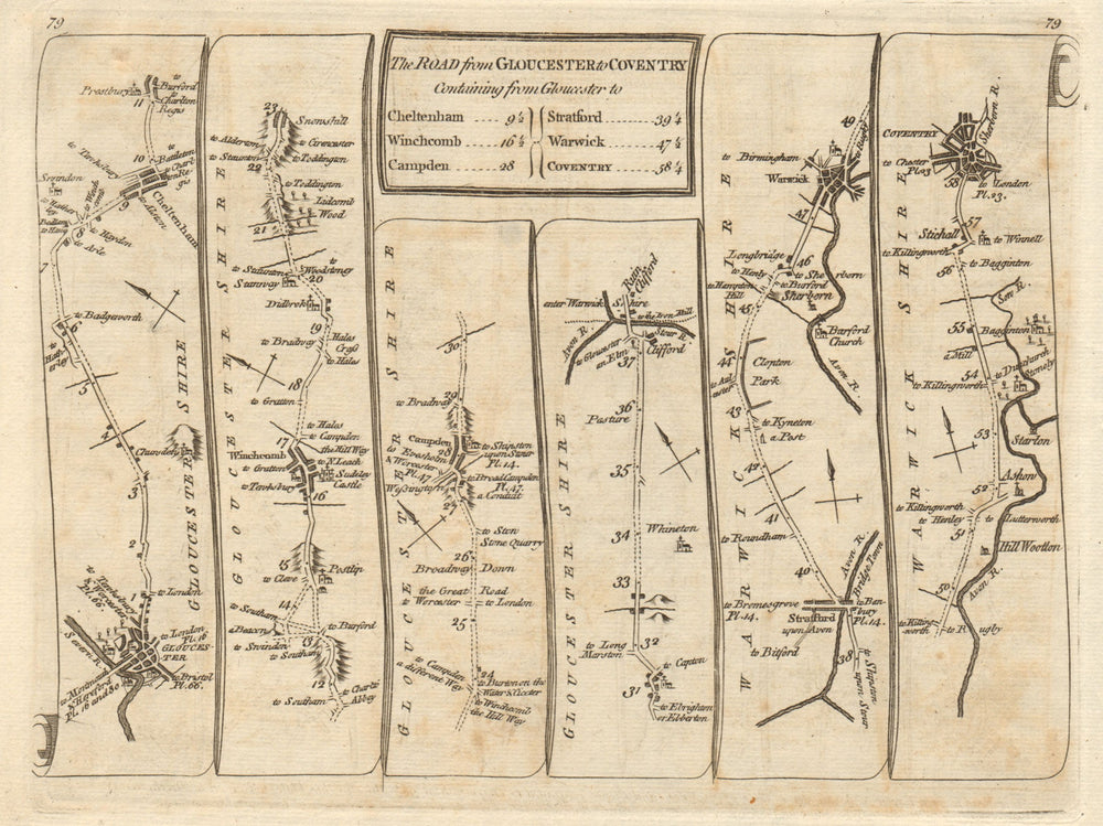 Gloucester Cheltenham Stratford on Avon Warwick Coventry. KITCHIN road map 1767