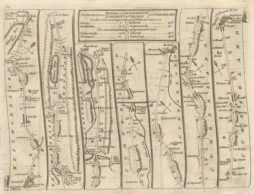 Kendall Ambleside Rydal Keswick Cockermouth Carlisle. KITCHIN road map 1767