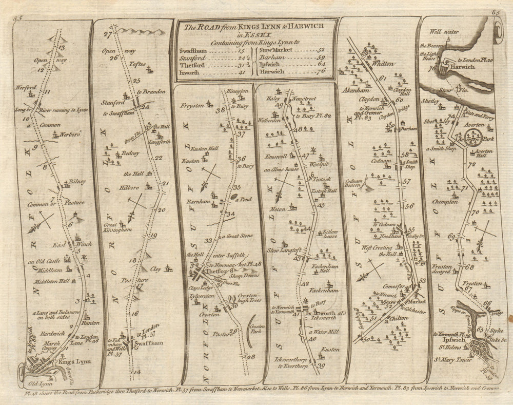 King's Lynn Swaffham Thetford Stowmarket Ipswich Harwich. KITCHIN road map 1767