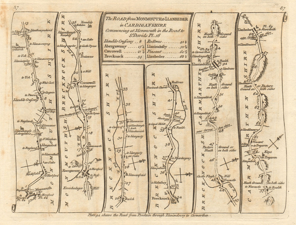 Monmouth Abergavenny Crickhowell Brecon Lampeter. KITCHIN road map 1767
