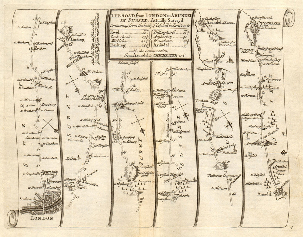 London Clapham Epsom Leatherhead Arundel Chichester SENEX #4 road map 1719