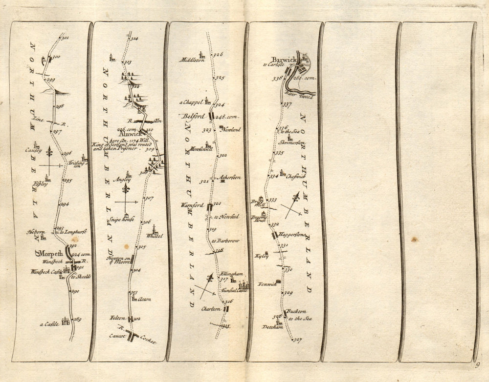 Morpeth Newton/Moor Alnwick Belford Berwick-upon-Tweed SENEX #9 road map 1719