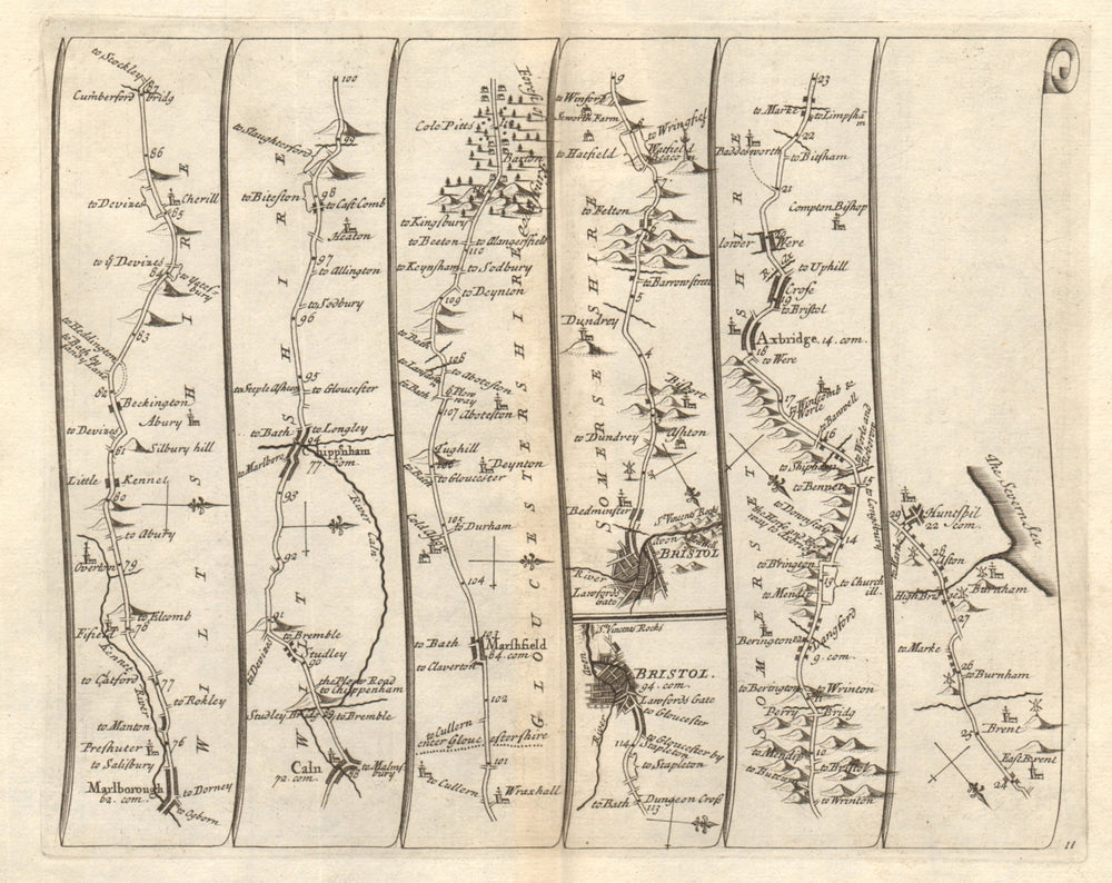 Marlborough Calne Chippenham Bristol Axbridge Bath SENEX #11 road map 1719