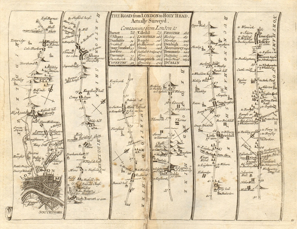London Islington Highgate St Albans Dunstable Towcester SENEX #21 road map 1719