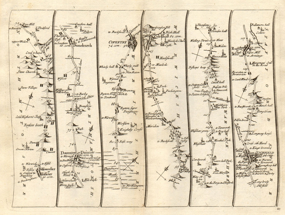 Towcester Daventry Dunchurch Coventry Lichfield Rugeley SENEX #22 road map 1719