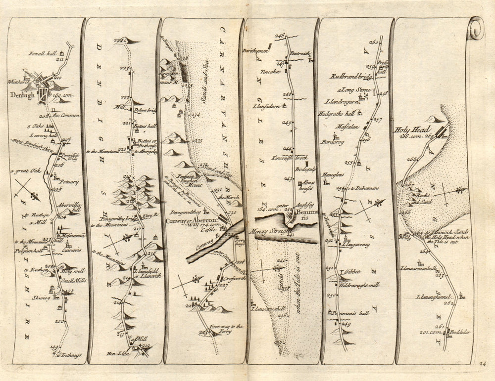 Denbigh Conwy Beaumaris Holyhead North Wales SENEX #24 road map 1719 old