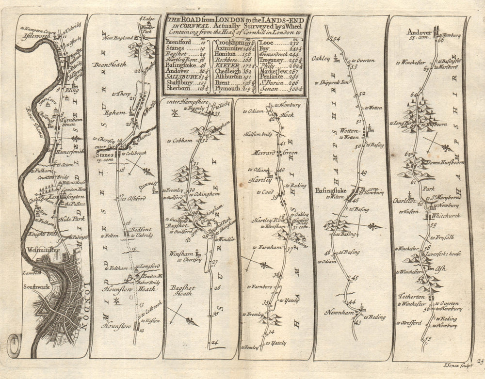 London Hounslow Staines Bagshot Basingstoke Andover SENEX #25 road map 1719