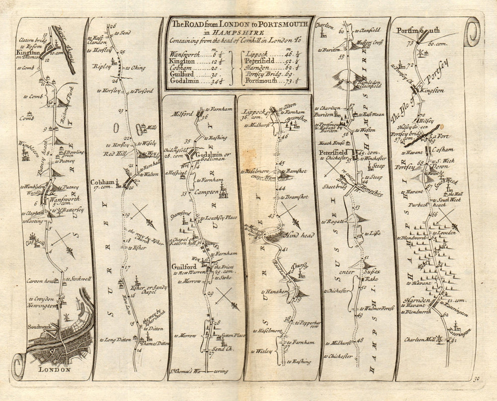 London Wandsworth Kingston Guildford Godalming Portsmouth SENEX 30 road map 1719