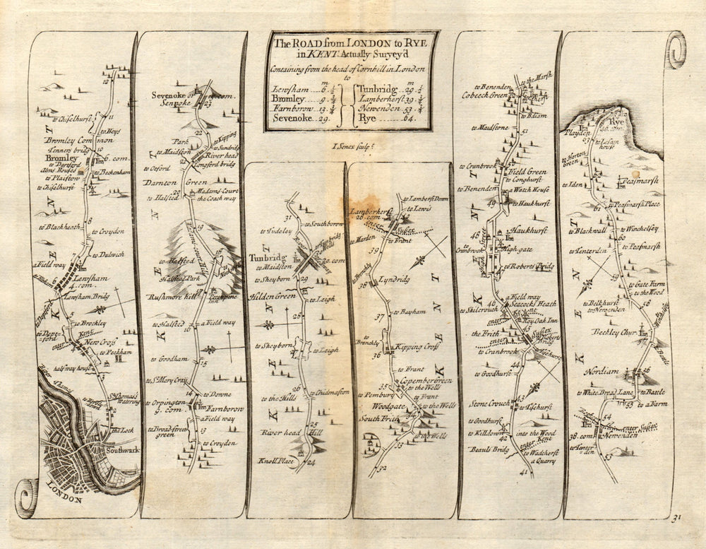 London Bromley Lewisham Bromley Sevenoaks Tonbridge Rye SENEX #31 road map 1719