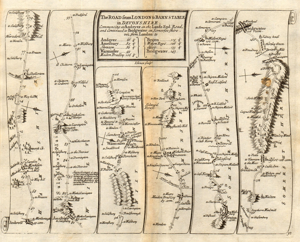 Andover Amesbury Stonehenge Warminster Bruton Bridgwater SENEX #32 road map 1719