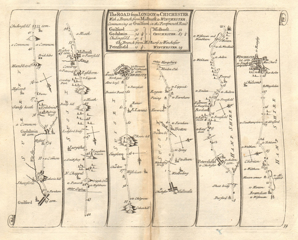 Guildford Godalming Chichester Petersfield Winchester SENEX #39 road map 1719