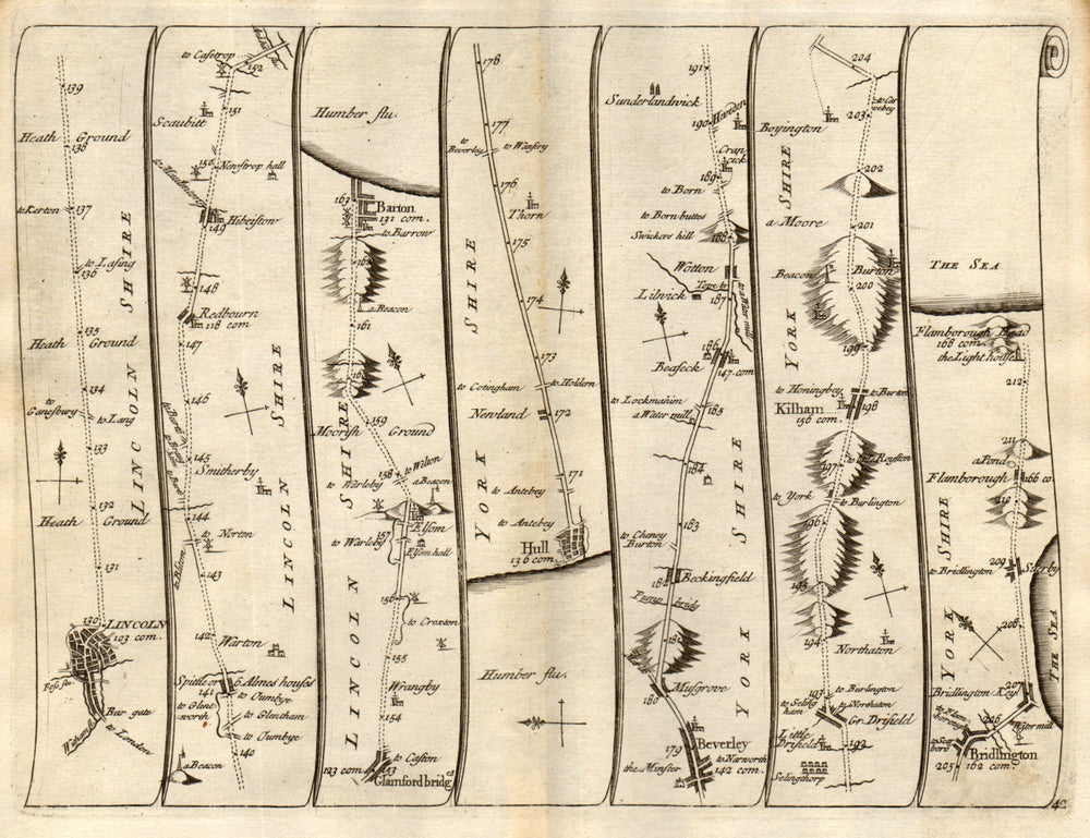 Lincoln Hull Beverley Scarborough Bridlington Flamborough SENEX 42 road map 1719