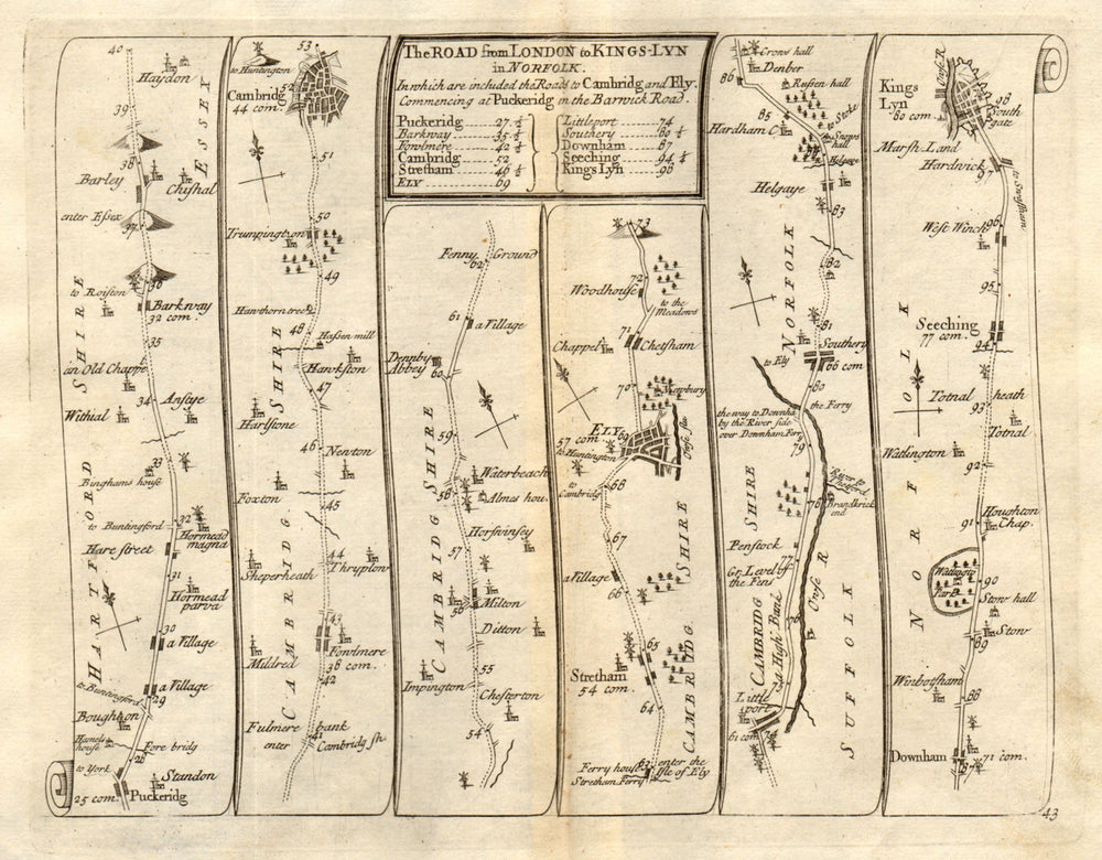 Puckeridge Cambridge Ely Downham Market King's Lynn SENEX #43 road map 1719